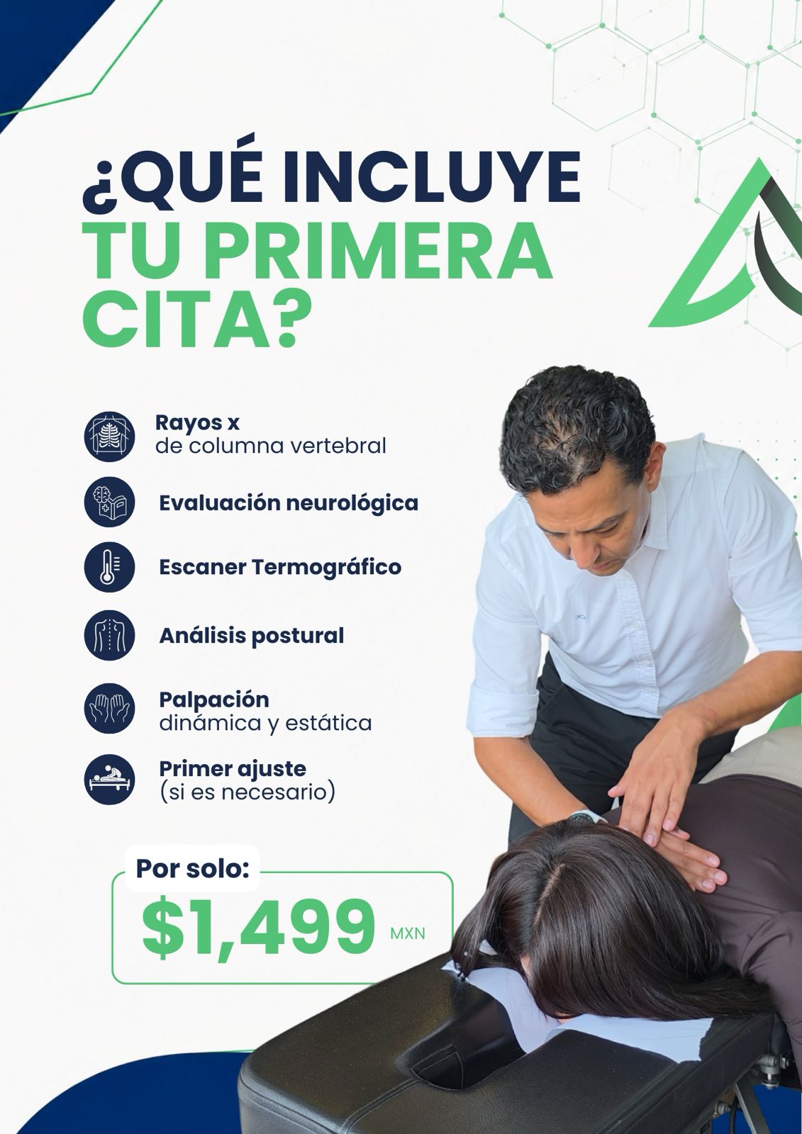 ¿Qué incluye tu primera cita en Delta Quiroprácticos? Rayos X de columna vertebral, evaluación neurológica, escáner termográfico, análisis postural, palpación dinámica y estática, y primer ajuste si es necesario, por $1,499 MXN